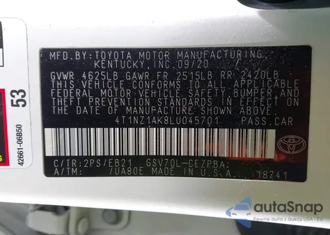 2020 Toyota Camry Trd z USA, uszkodzony, nr VIN 4T1NZ1AK8LU045701